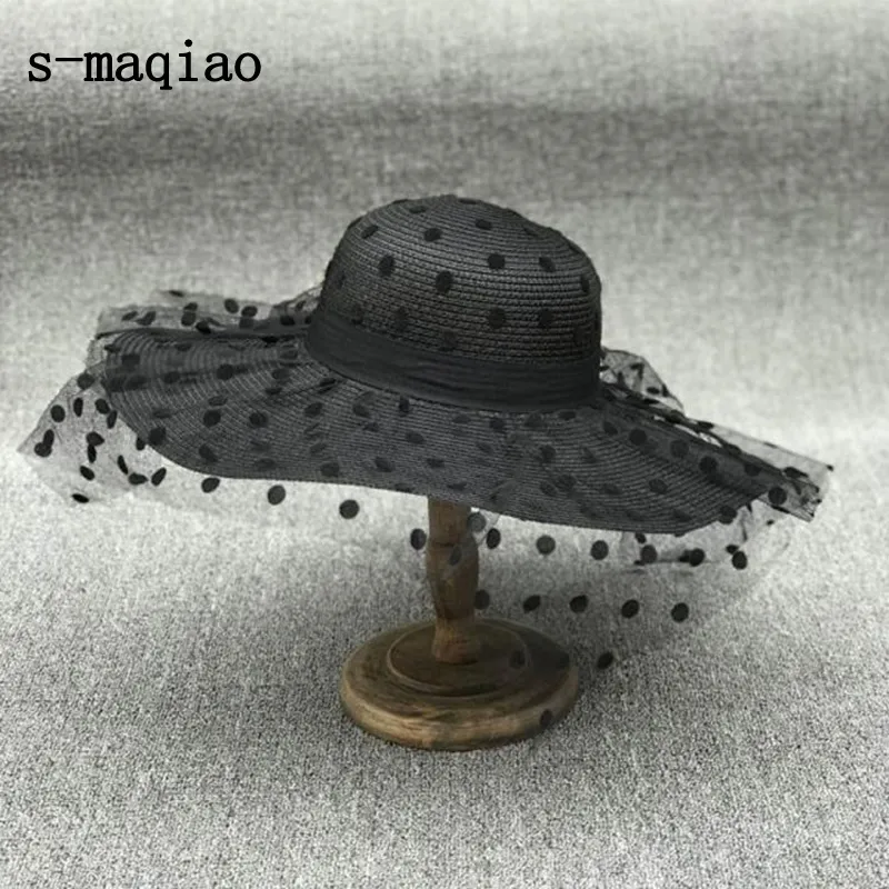S-Maqiao الجديد الصيف القبعة الفرنسية القش الأنيقة شبكة الشبكة سيدة الشمس القبعة في الهواء الطلق المرأة في أزياء أزياء القبعة القبعة Y200714