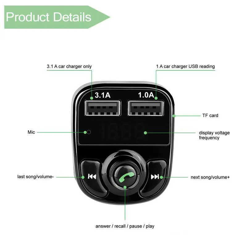 FM x8 Transmitter Aux Modulator Bluetooth Handsfree Car Kit Car Audio MP3 Player with 3.1A Quick Charge Dual USB Car 