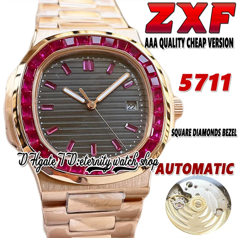 2022 ZXF 5711 Orologio da uomo meccanico automatico Ruby Iced Out T Diamante intarsiato Lunetta Quadrante grigio Cassa in oro rosa Bracciale in acciaio inossidabile 316L Orologi AAA Eternity