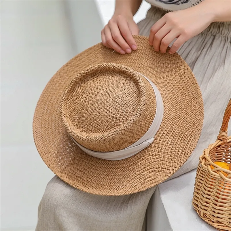 Ladies Handmade Natural Straw Hat Summer Beach Hat for Women Men Panama Cap Fashion Concave Flat Protetion Visor Sun Boat Hats 220311
