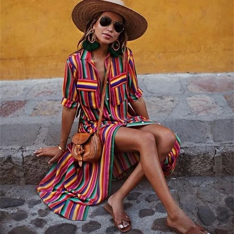 Bohemia striped shirt maxi dress sale