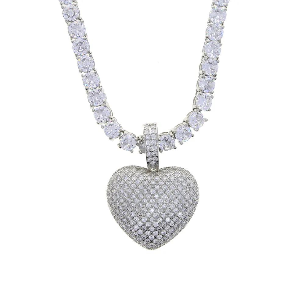 Collane 2021 Iced Out Bling Gioielli da donna Micro Pave 5A Cz Ciondolo a cuore grande Catena tennis scintillante_voghion.com