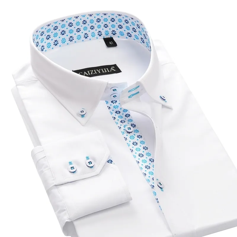 100% Baumwolle Blumendruck Hals Herrenhemd Langarm Slim Fit Männlich Smart Casual Business Forma Shirts Y200408