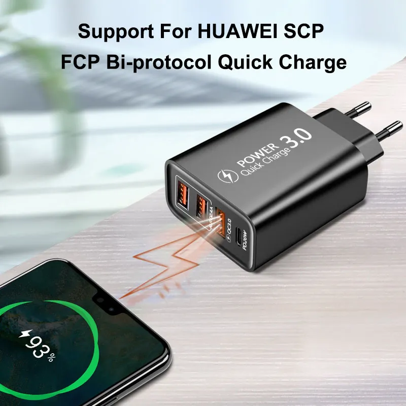 Caricabatterie USB Multiporta 3 Prese A Ricarica Rapida - Blocco Compatto Intelligente Per Telefono, Presa Europea E Americana - 3