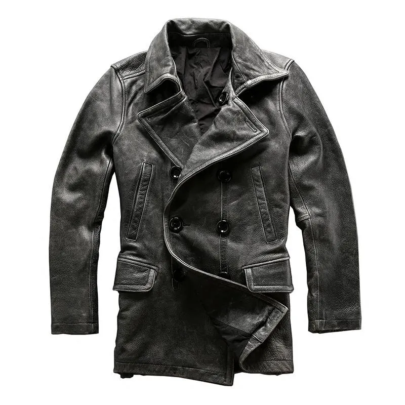 Men's Leather & Faux Read Description! Asian Size Mans Winter Genuine Cow Jacket Classic Gray Cowhide Pea Coat