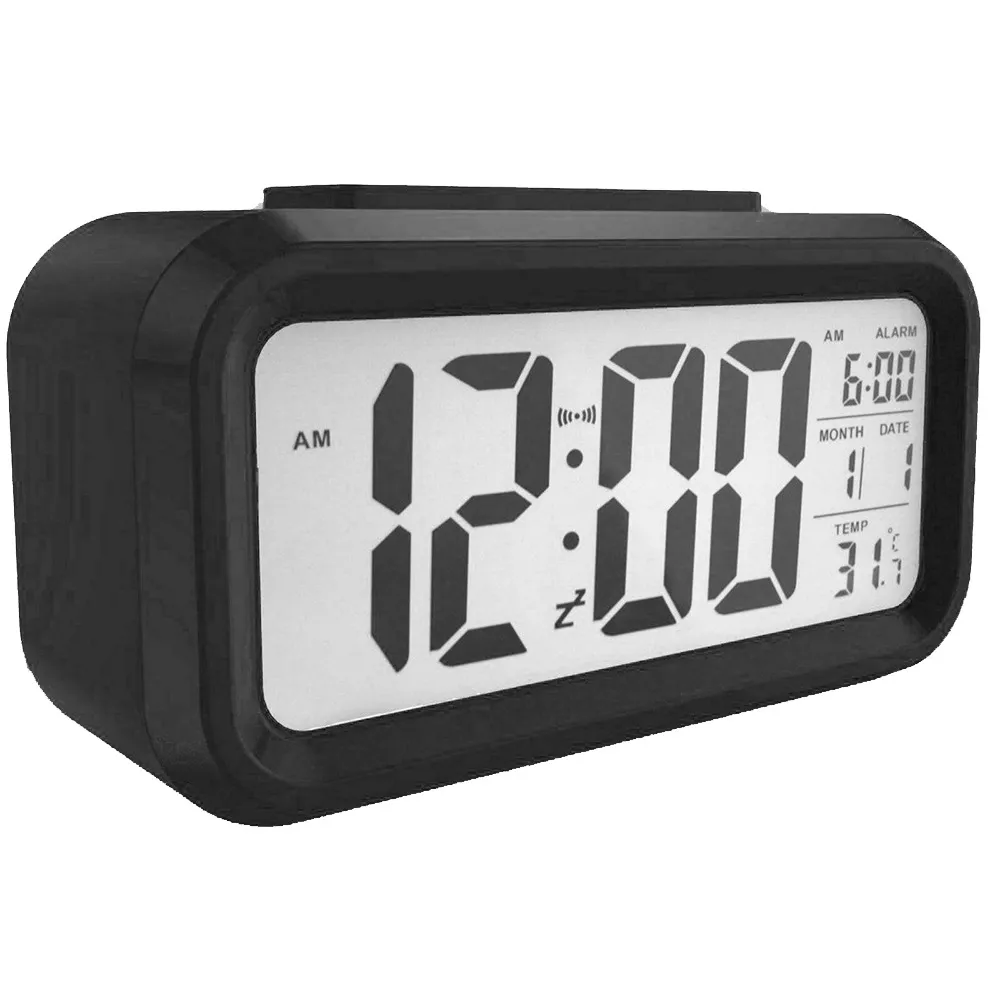 플라스틱 음소거 알람 시계 LCD 스마트 시계 온도 귀여운 감광성 침대 옆 디지털 알람 시계 스누즈 나이트 라이트 달력 DH8899