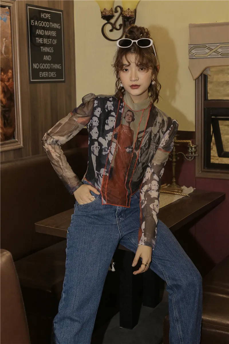 Vintage Style Designer Print Vintage Shirts For Women Stand Neck