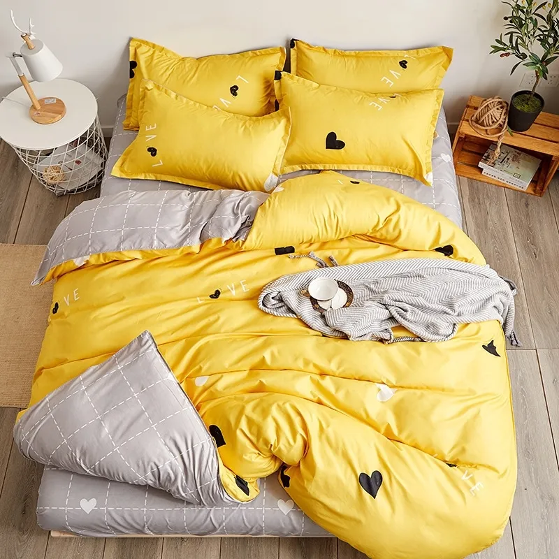 BEST.WENSD ensemble de literie jaune simple Double personne literie en forme de coeur housse de couette feuille couette beddengoed roupa de cama Y200417