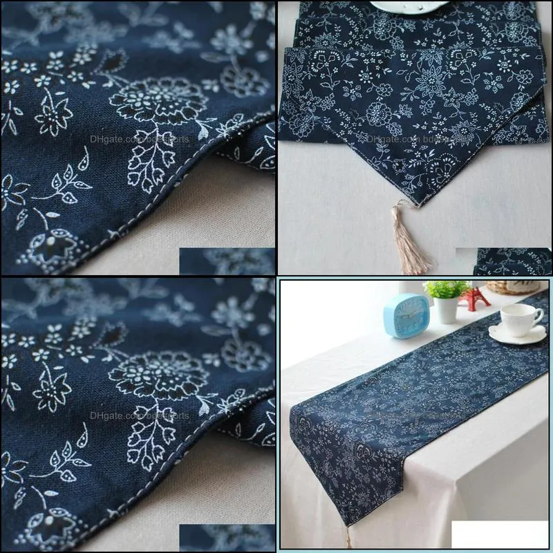 Chinese Style Navy Floral Table Runner Tea Table Cloth Hotel Household Floral Table Flag Party Wedding Decoration Home Textile