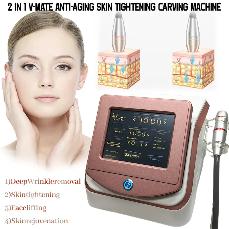 Nouveau 2 en 1 V-Mate Focused Ultrasons HIFU Anti-âge Lifting V-max 3.0mm 4.5mm Resserrement de la peau Face Lifting Beauty Machine