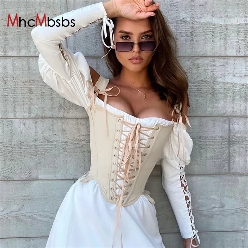 Two Piece Dress Set Women Vintage Lace Up Bandage Corset Top Off Shoulder  Cut Out Mini Dresses Summer Prom Princess Outfits 220302