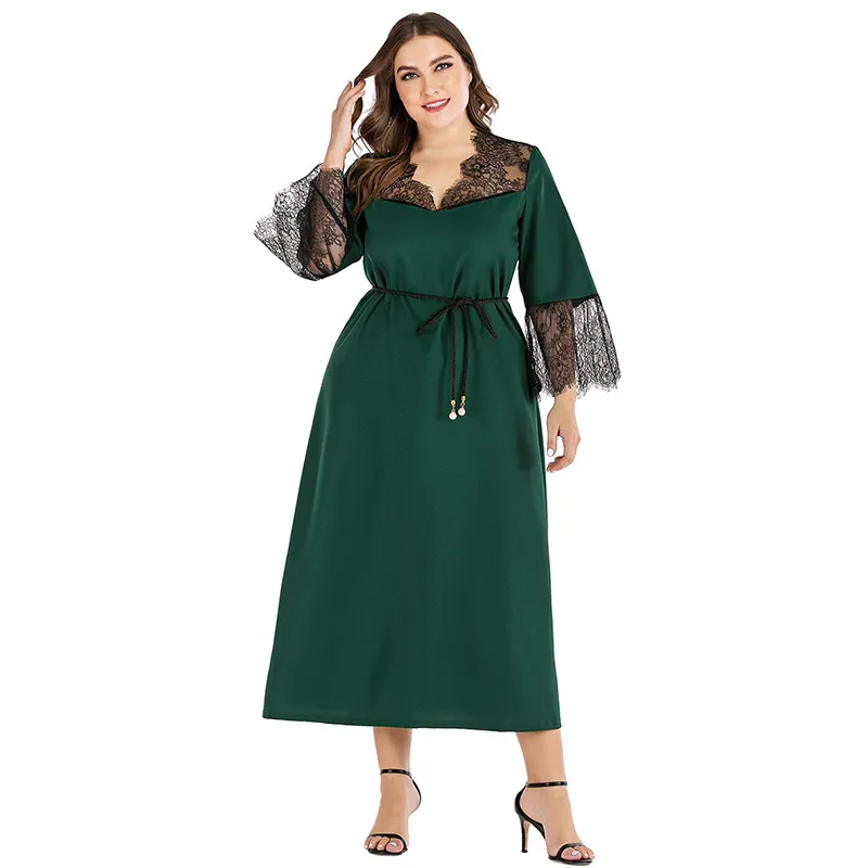 Siskakia elegantes senhoras plus size vestido de moda laço perspectiva perspectiva retalhos v pescoço manga comprida Vestidos de primavera verde 2020 novo Y0118