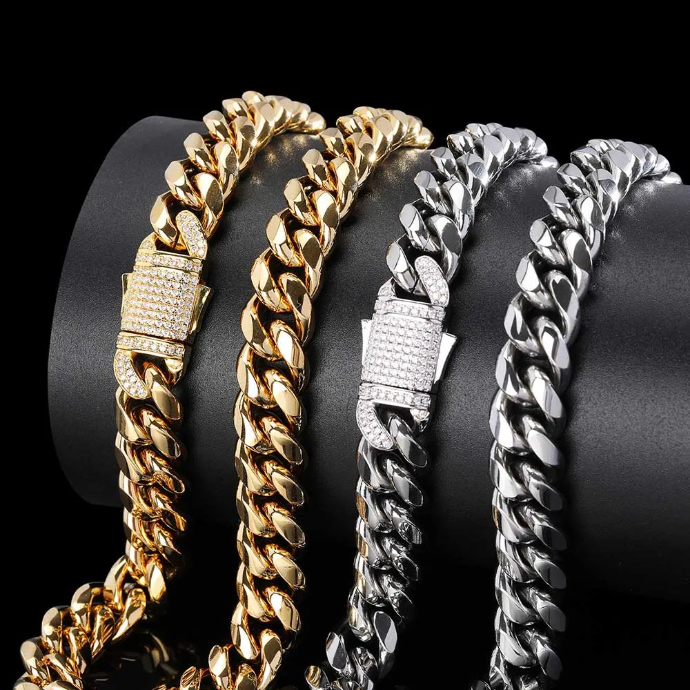 16inch-28inch 12mm Titanium Steel Hip Hop Jewelry 18K Guldpläterad högpolerad kubisk zirkoniumlås Miami kubansk länk Kedjakokerhalsband