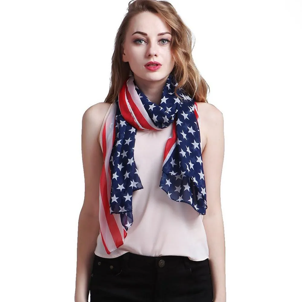 Halsdukar American Flag Pentagram Chiffong Scarf Mode Scarf USA Flag Scarf Patriotic Stars and Stripes American flag Scarf 2021