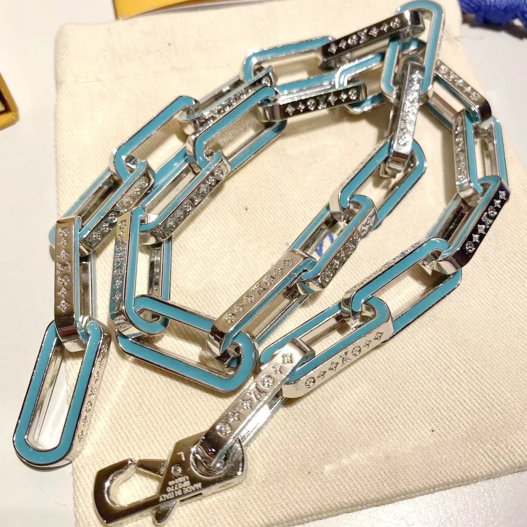Europe America Men Silver-colour Metal Engraved V Initials Flower Blue Enamel Links Chain Necklace Bracelet Jewelry Sets M80194 M80195