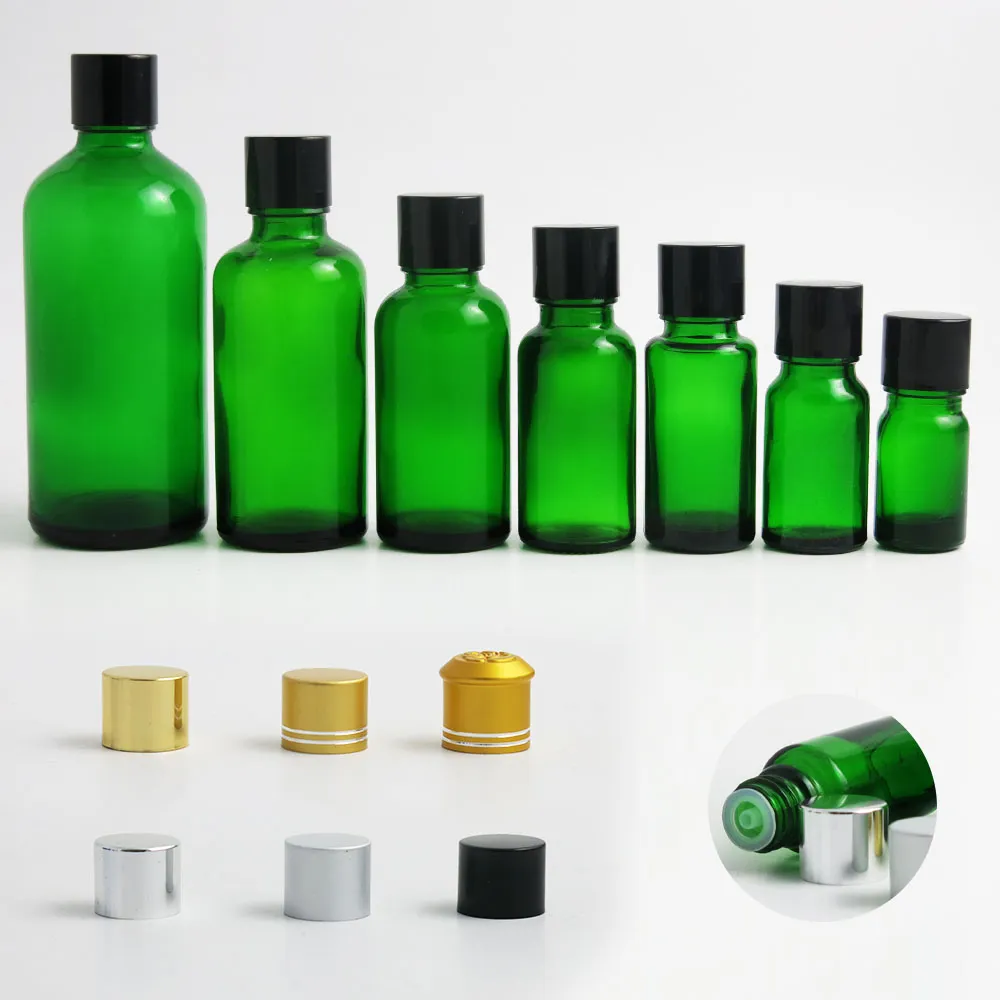 10st TRAVEL REFILLABLE GREEN BOSTON RUND GLASS ESSENTAL OLJE BOLD MED SVART GOLD SILVER CAP LID Kosmetisk behållare 5-100 ml