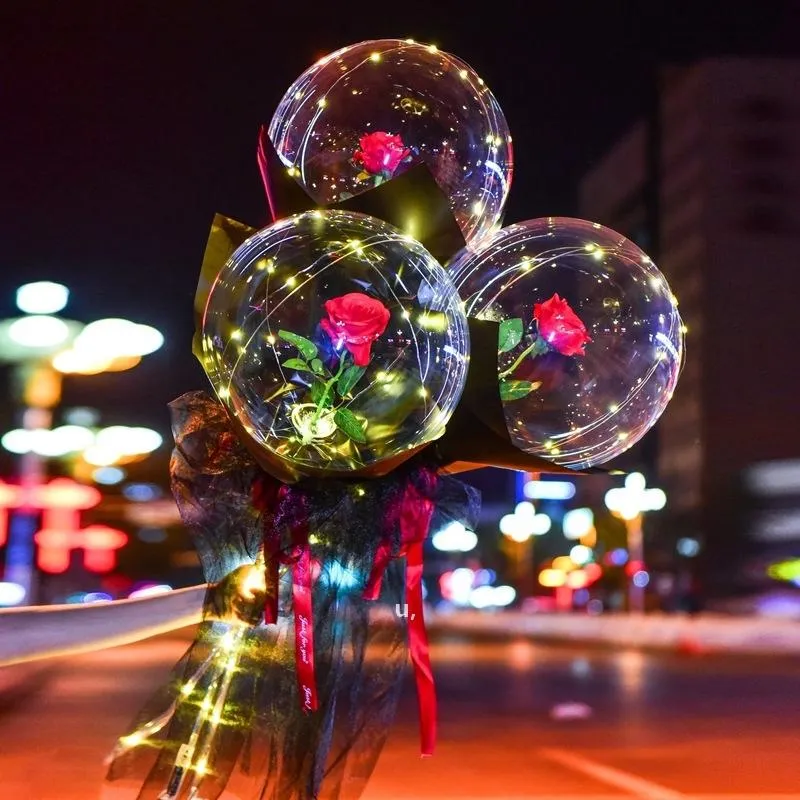 Kleurrijke Lichtgevende Ballon Rose Boeket Transparante Bobo Bal Rose Valentijnsdag Gift Verjaardagsfeestje Bruiloft Decoratie Ballons RRF13666