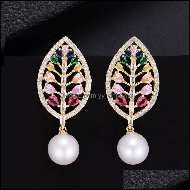 Stud Fashion Big Leaves Pearl Pendant Full Cubic Zirconia Earrings For Women Girls Accesorios Mujer 2021 Luxury Jewelry