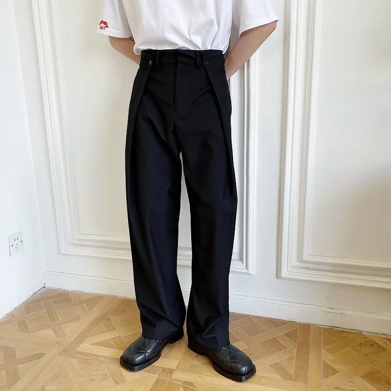 IEFB / Мужская носить модные все-коричневые персонализированные двойные сгибы талии дизайн широкогазовый случайный черный корейский стиль штаны LJ201104