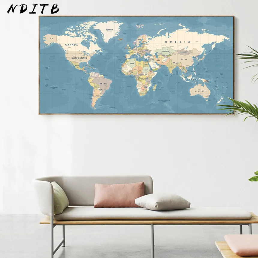 World Map Decorative Picture Canvas Vintage Poster Nordic Wall Art Print Large Size Painting Modern Study Office Room Decoration LJ201128