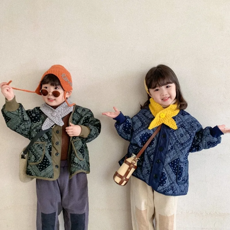 Корейский стиль зимних мальчиков девушки мода ретро цветочные стеганые свободные куртки 1-6 лет дети негабаритные свободные слои 201126