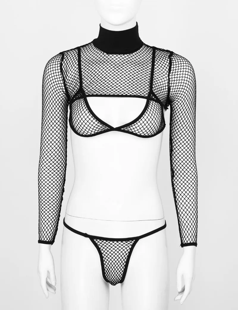 Women's Exotic Hollow Out Fishnet Lingerie Suit Two-Piece Underwear  Nightwear Crew Neck Long Sleeve Crop Top With Briefs