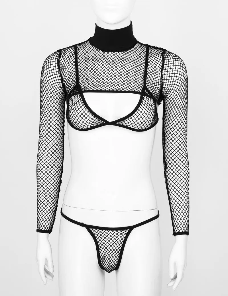 Womens Porno Stripper Outfit Transparent Pole Dance Fishnet Lingerie Set Clubwear Long Sleeve Shrug Tee with Triangle Bra Briefs256o