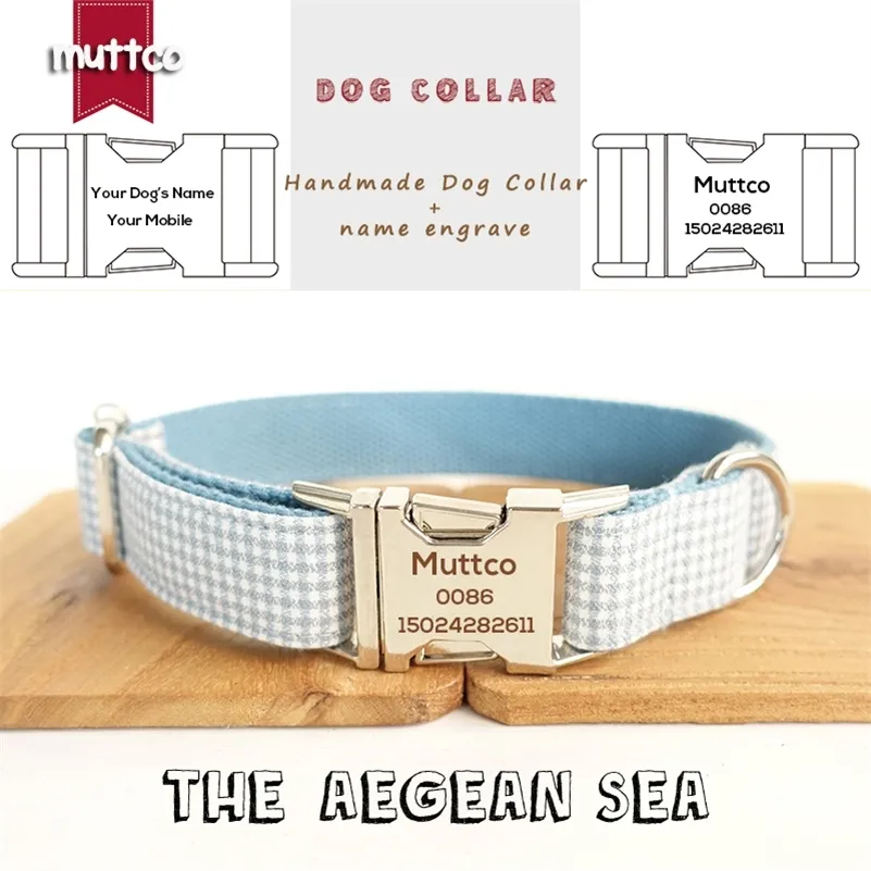 MUTTCO Laser Engraved name and phone retailing British style collar custom pet nametag THE AEGEAN SEA dog collar 5 sizes LJ201111
