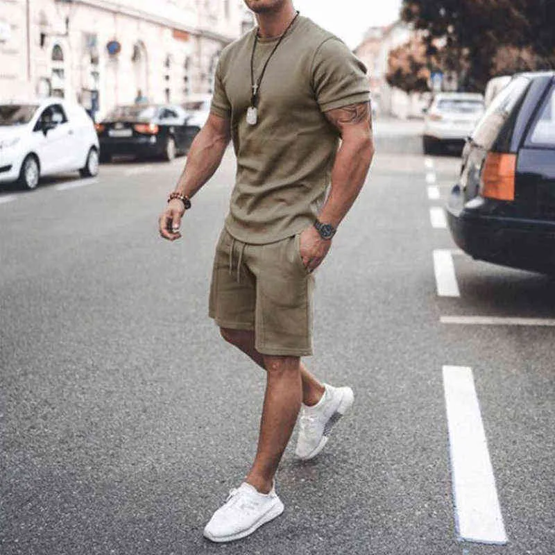 Ta&To Men's Tracksuit 2 Piece Set Summer Solid Sport Hawaiian Suit Short Sleeve T Shirt and Shorts Casual Fashion Man Clothing G220224