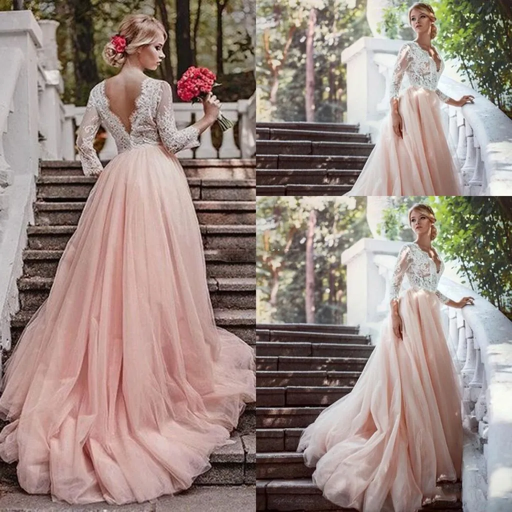 2021 Blush Pink линия Свадебные платья с длинными рукавами кружева с длинными рукавами 3/4 Scalloped V шеи Sweep Поезд Тюль Свадебное платье vestidos