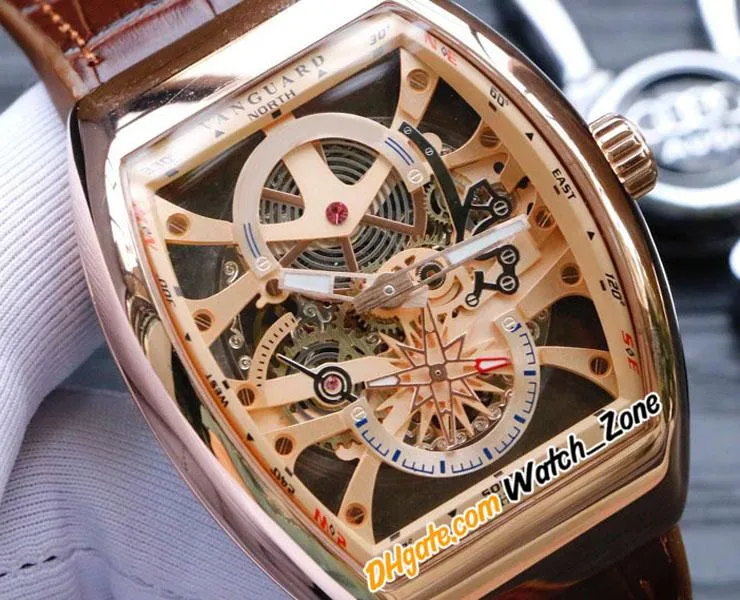 Nowy Saratoge Yachting Vanguard V45 S6 Yacht Automatyczne męskie Zegarek Złoty Szkielet Dial Tourbillon Rose Gold Case Brown Skóra / Gumowe Gents Gents Zegarki 44mm 49g1