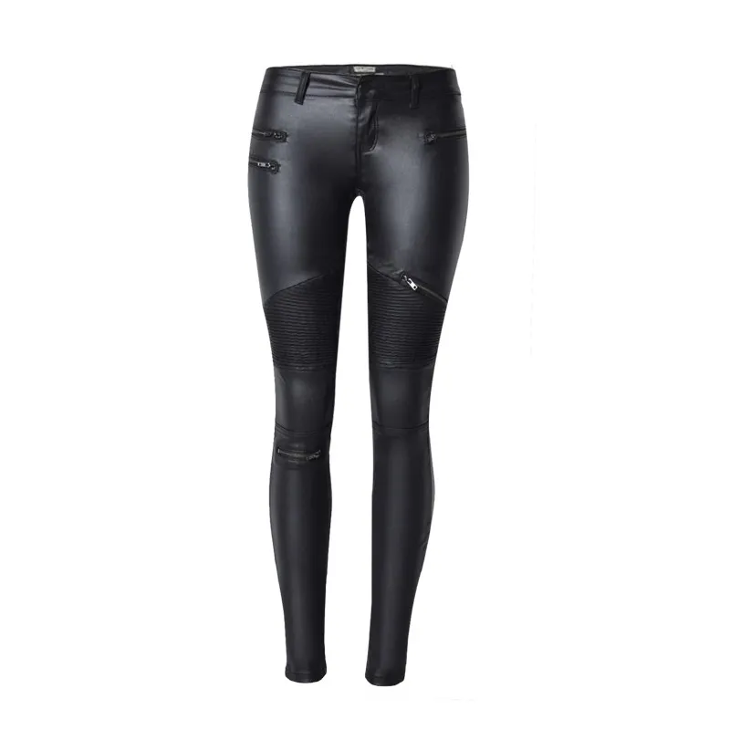 ZNU Women Leather Motorcycle Pants High Waist Slim Fit Zipper