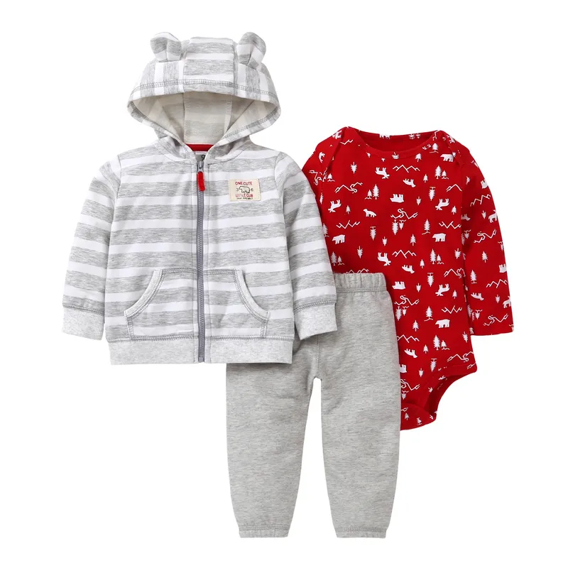 bebek giyim baby girls clothing set animal bear long sleeve hooded stripe+romper+Drawstring trouser 3pcs/set newborn clothes