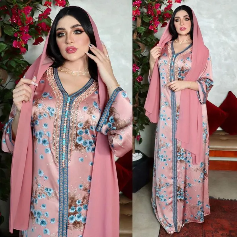 Etnische kleding Moslim Fashion Pink Rhinestone Midden -Oosten Gedrukte jurk Abayas voor vrouwen Abaya Dubai Turkije Islamitische kuftan