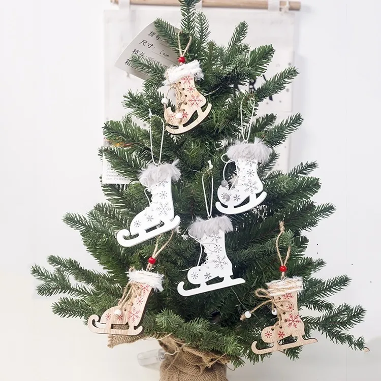 новый Новогоднее украшение деревянный кулон цветной печати Christmas КАТАНИЯ обувь конопли веревки небольшой кулон рождественской елки Подвеска T500438