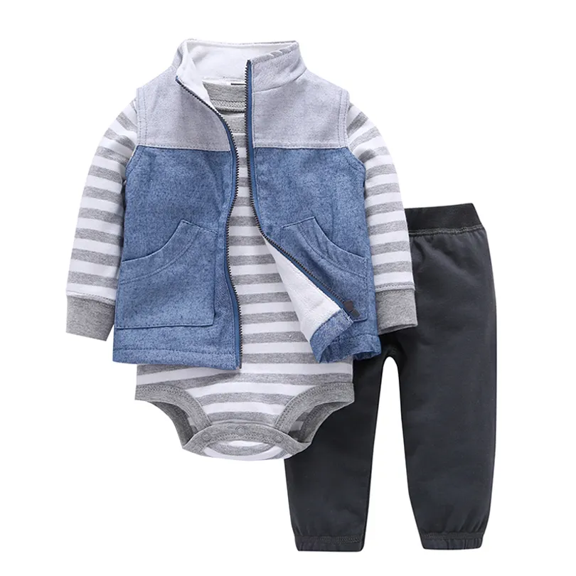  free ship Spring Autumn kids Baby boy Clothing Suit Long Sleeve gray Printing stripe suit bebes Kids Cotton Set