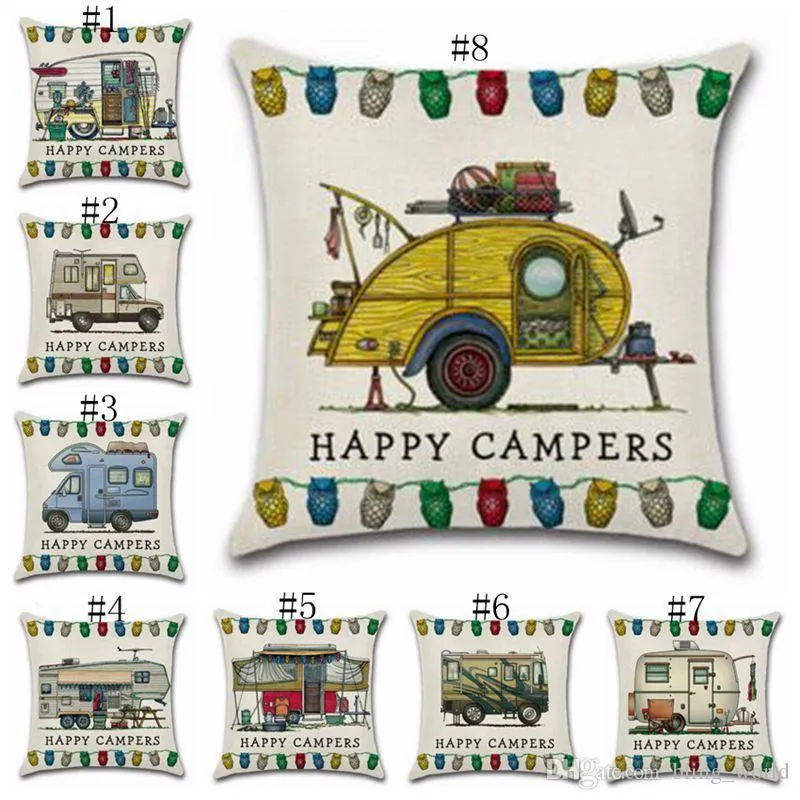 Happy Campers Pillow Case Linen Square Throw Pillows Cover Sofa Cushion Covers with Zipper Closure Home Decoration 20 Designs YW897