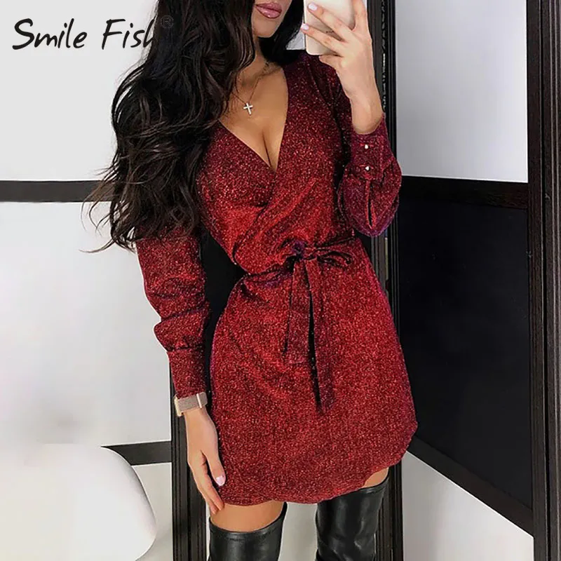 Sexy Glitter Kimono Bandage Mini Vestido Mulheres Envoltório Decote V-NeckLe Night Club Dress Femme Moda Brilhante Vestido de Festa Robe GV963 201204