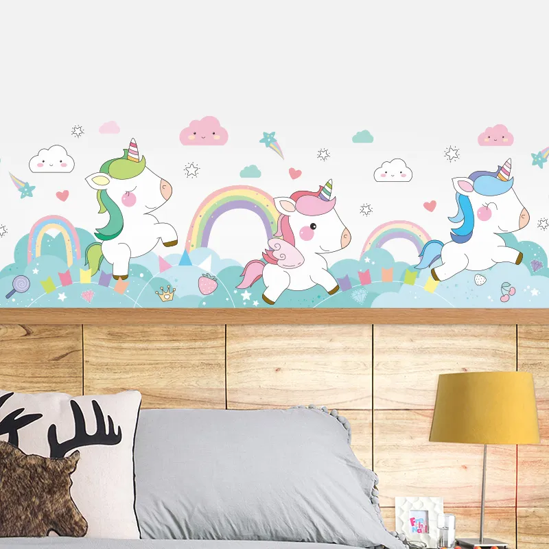 Cartoon Unicorn Rainbow Muurstickers DIY Dier Muurschildering Decals voor Kinderkamer Baby Slaapkamer Kinderdagverblijf Decoration 201130