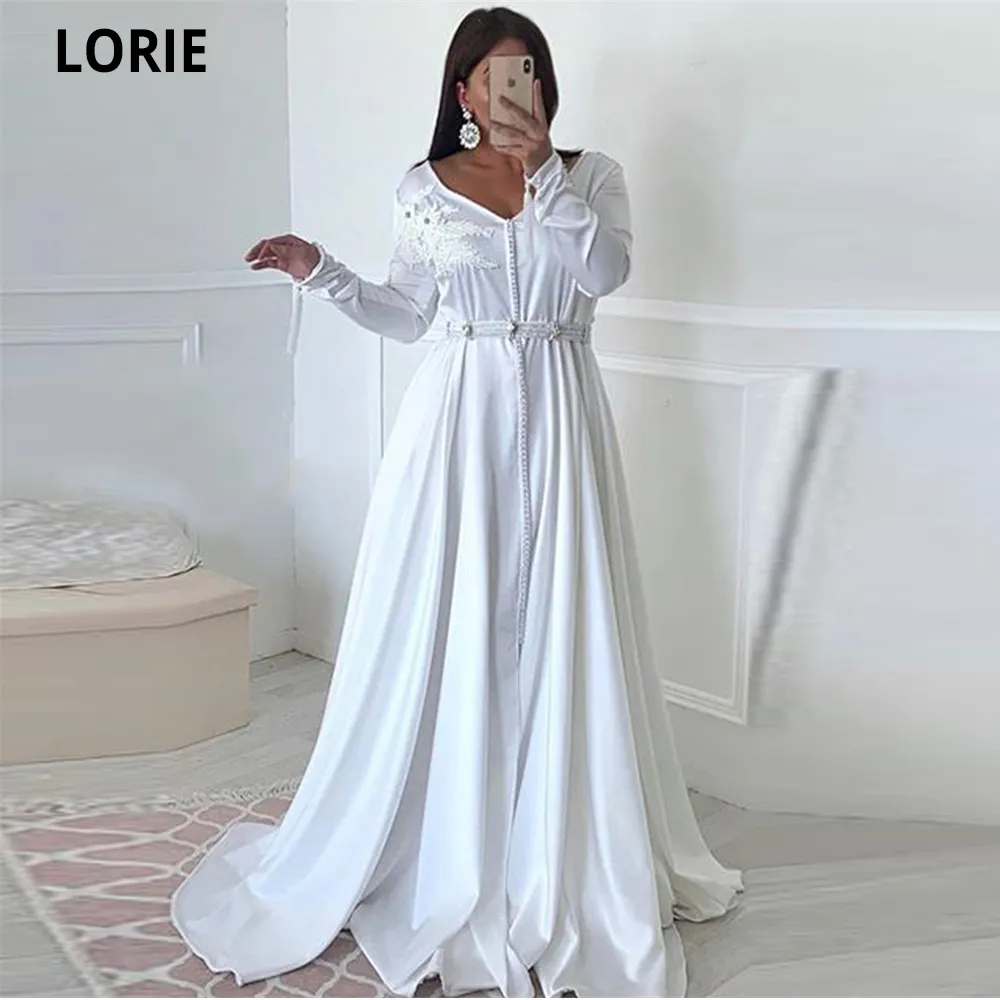 LORIE White Moroccan Kaftan Formal Evening Dresses with Full Sleeve Prom Special Occasion Gowns Lace Appliques Mother Dress 2020 LJ201123