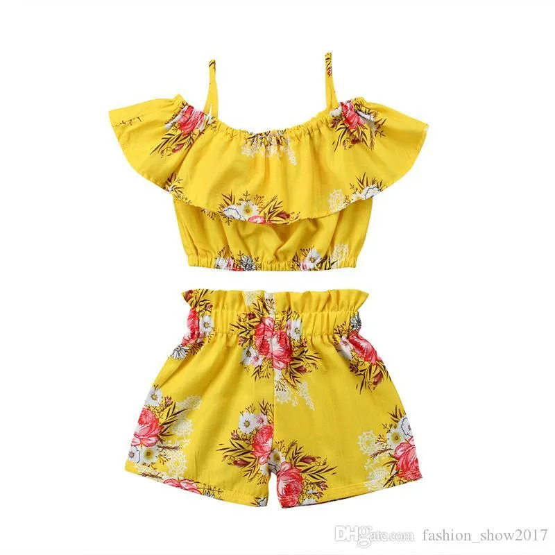 Toddler Baby Girl Clothes Yellow Floral Ruffled Strap Tops Vest Shorts Bottoms Summer Outfits Beach Clothing Set