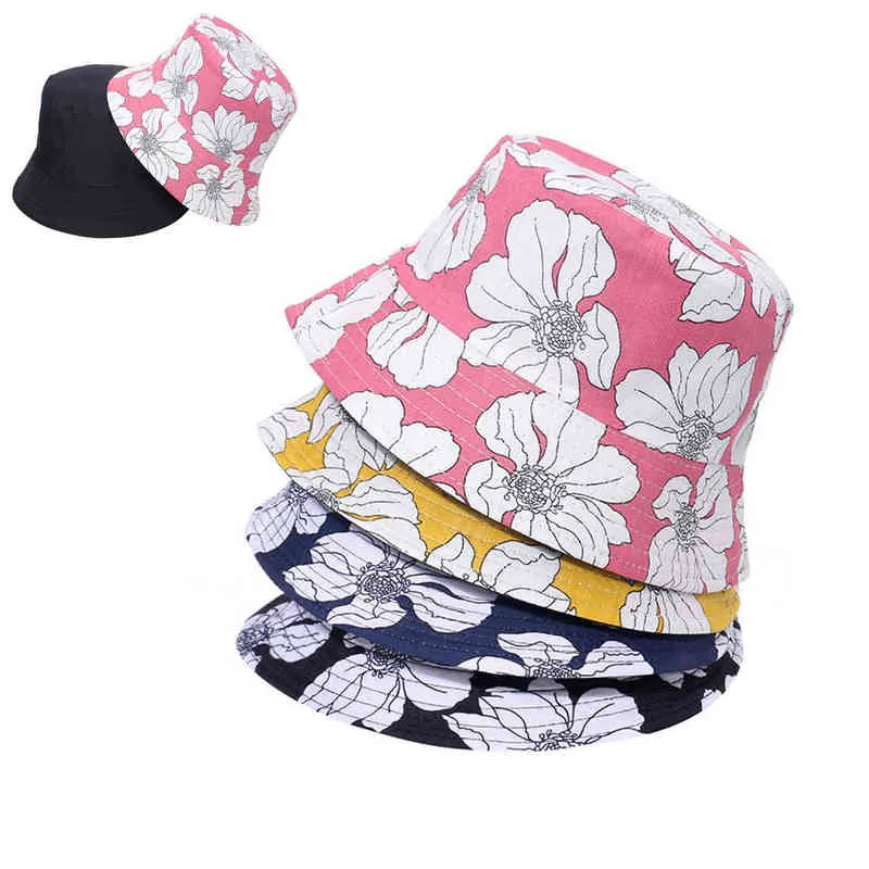 2021 صيف جديد القبعات النساء زهرة مزدوجة الوجهين طباعة دلو قبعة طوي الشمس قبعة قبعة الهيب هوب الصيد قبعة في قبعة في الهواء الطلق هدية G220301