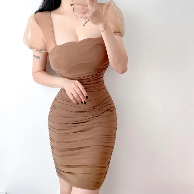 Casual Kleider WOMENGAGA Hohe Qualität 2021 Frauen Sexy Square Neck Puff Kurzarm Mini Kleid Mesh Spitze Herbst Tops Koreanische Fee 6LI5