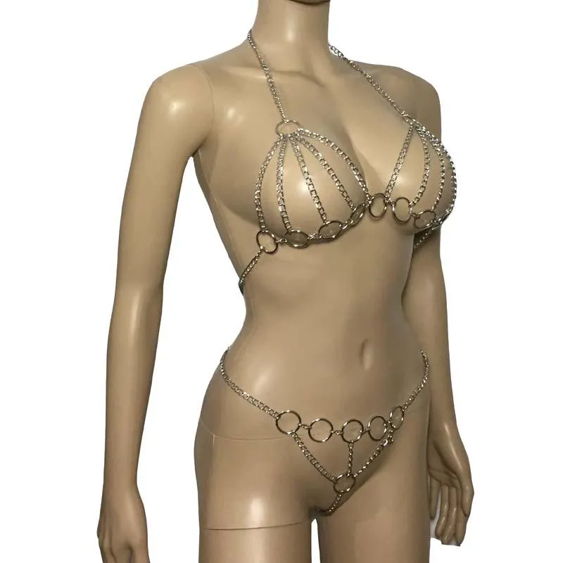 Bras Sets Women Sexy Fantacy Metal Chained Body Harness Top Open