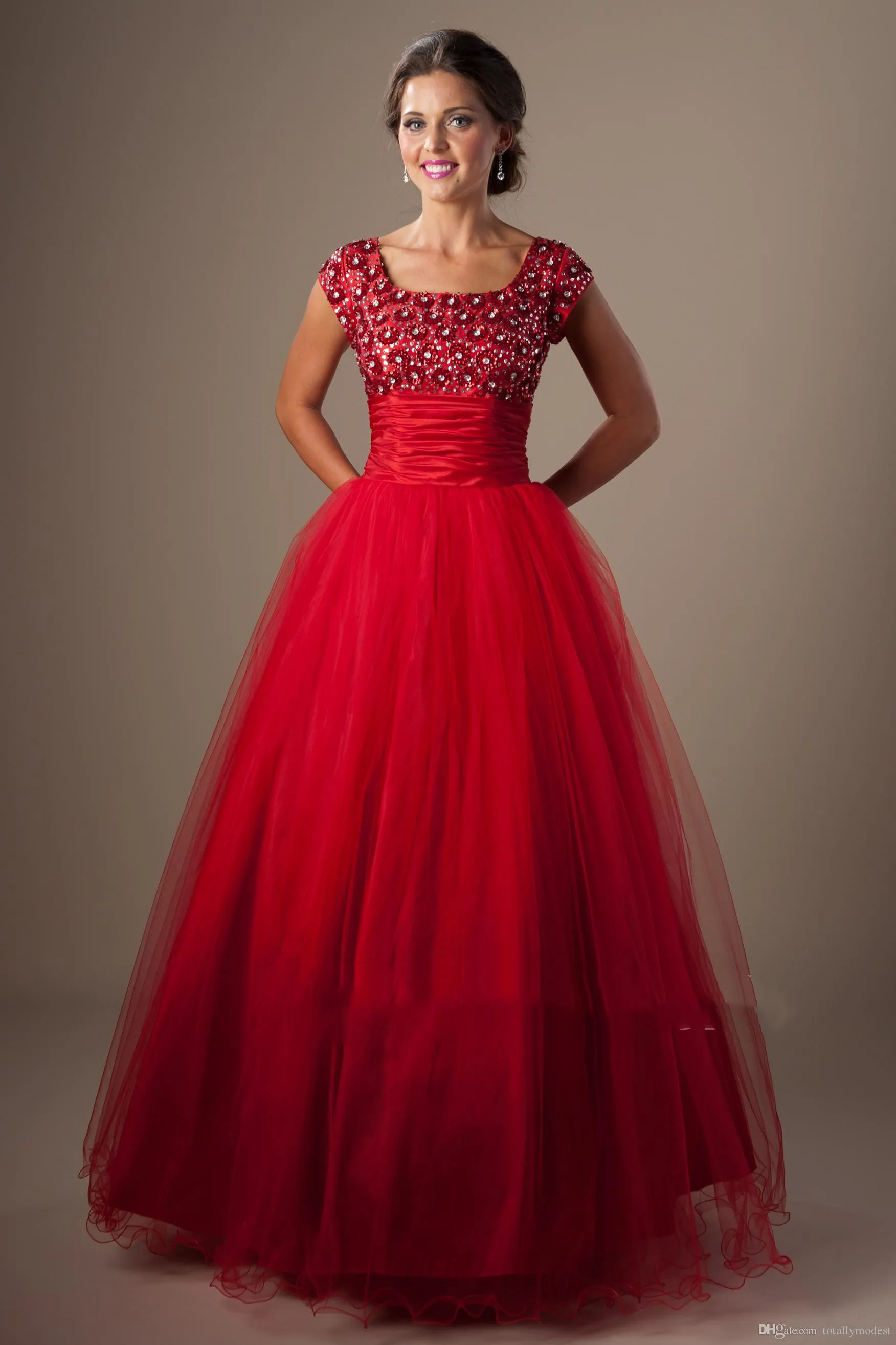 Rotes Ballkleid, bescheidene Ballkleider mit Flügelärmeln, quadratische kurze Ärmel, Ballkleider, bauschige A-Linie, formelle High-School-Partykleider, günstig