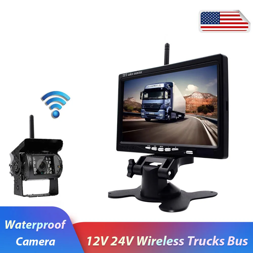 12 V 24 V Kablosuz 7 "HD LCD Araç Yedekleme Dikiz Kamera Monitörü + Araç Şarj Kamyonlar Için Otobüs RV Römork Ekskavatör