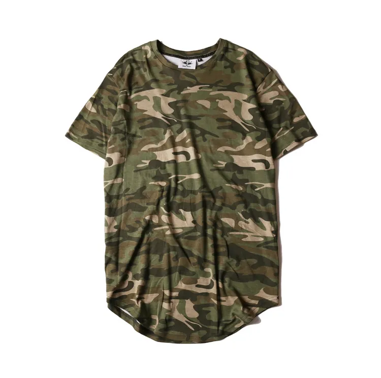 2019 Verão Sólido Curvo Hem Camo Camisinho Homens Longline Estendido Camuflagem Hip Hop Tshirts Urban Kpop Camisetas Roupas Mens