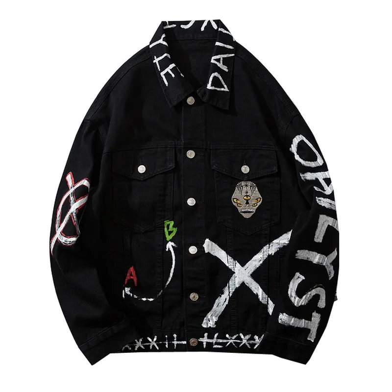 Mens Black Graffiti Denim Jacket With Patch And Letters Print