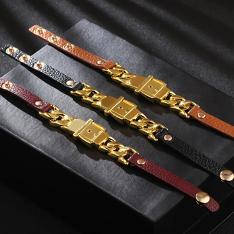 Designer Bracelets women PU leather bracelet personalized Mini alloy chain belt buckle adjustable button