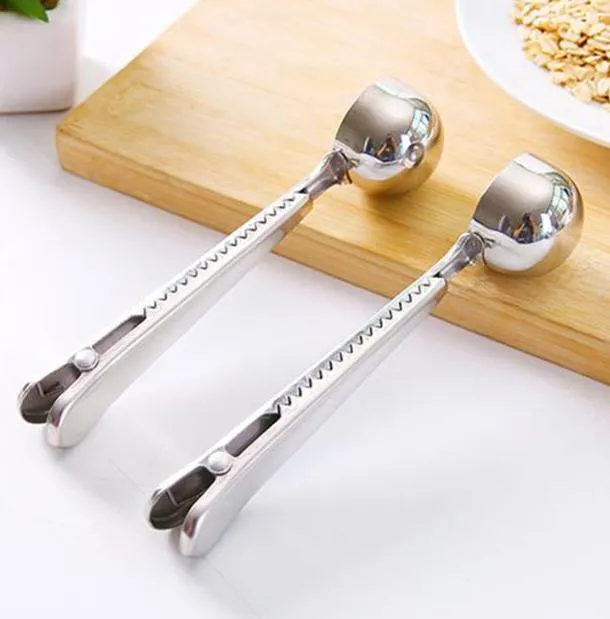 Metal Wholesale Creative Stainless Steel Ground Coffee Tea Measuring Scoop Spoon with Seal Clip Free